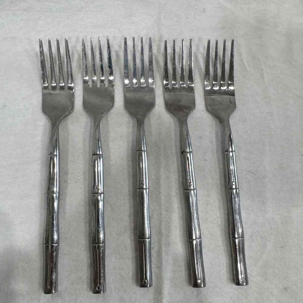 (5) Dinner Forks Benihana Stainless Flatware Bamboo Handles 7" Solid